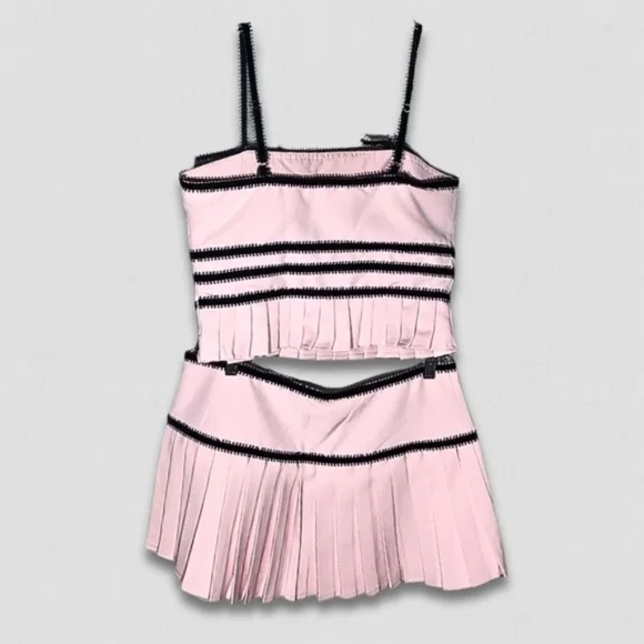 Forever 21 Pink Black Bow Cropped Top Pleated Skirt Medium - Picture 4 of 16